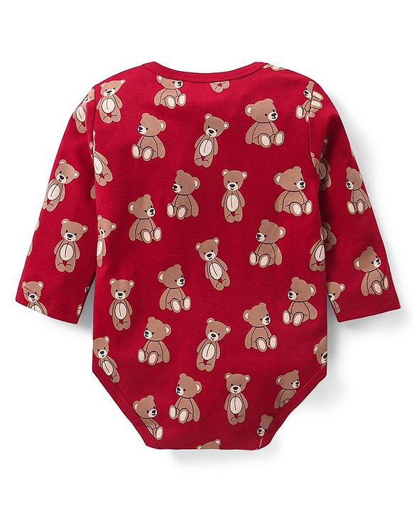 Babyhug 100% Cotton Knit Full Sleeves  Onesies with Cap & Bib Striped & Bear Print - Red