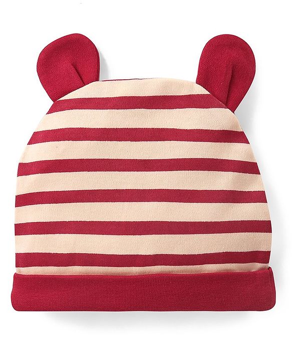 Babyhug 100% Cotton Knit Full Sleeves  Onesies with Cap & Bib Striped & Bear Print - Red