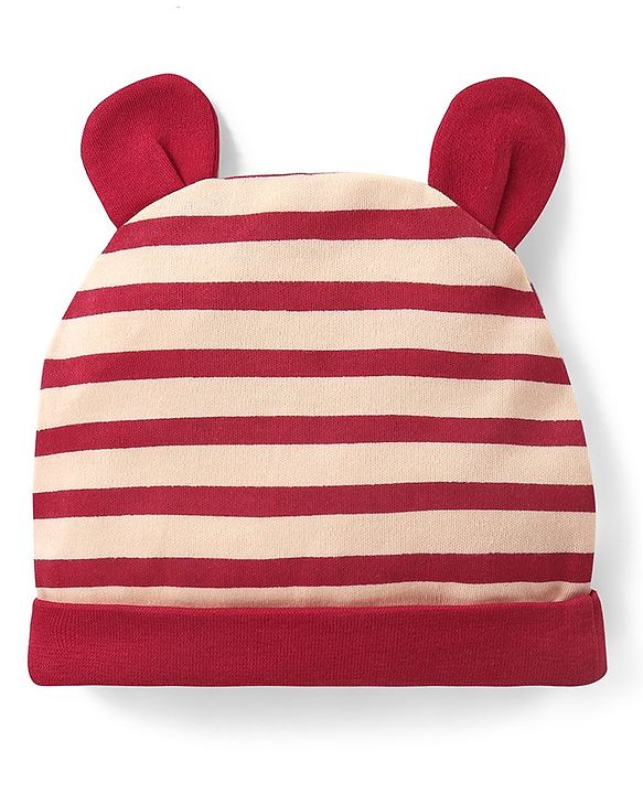Babyhug 100% Cotton Knit Full Sleeves  Onesies with Cap & Bib Striped & Bear Print - Red