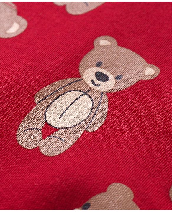 Babyhug 100% Cotton Knit Full Sleeves  Onesies with Cap & Bib Striped & Bear Print - Red
