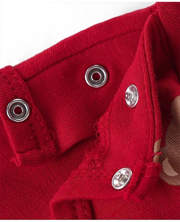 Babyhug 100% Cotton Knit Full Sleeves  Onesies with Cap & Bib Striped & Bear Print - Red