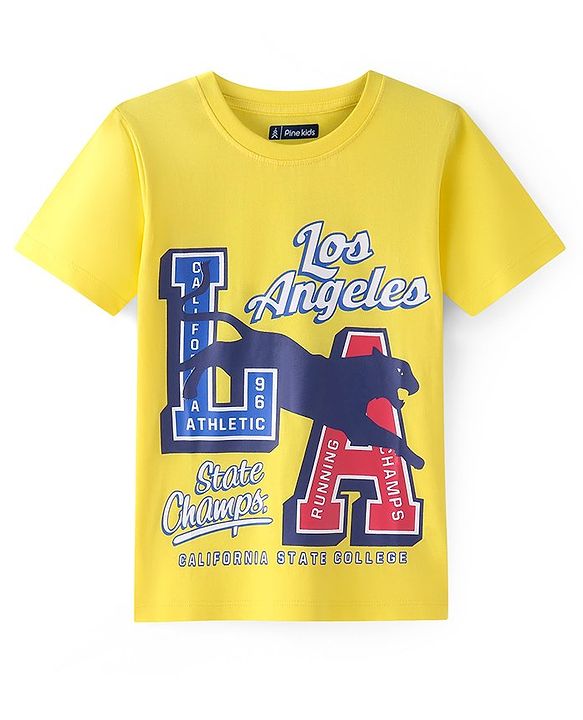 Pine Kids Cotton Knit Half Sleeves T-Shirt with Text Print - Yellow