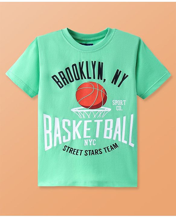 Pine Kids Cotton Knit Half Sleeves Basket Ball Print T-Shirt -Light Green