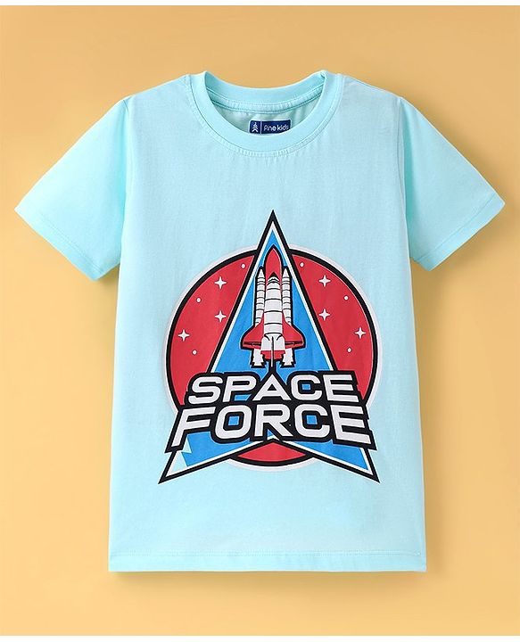 Pine Kids Cotton Knit Half Sleeves Space Theme Print T-Shirt - Sky Blue