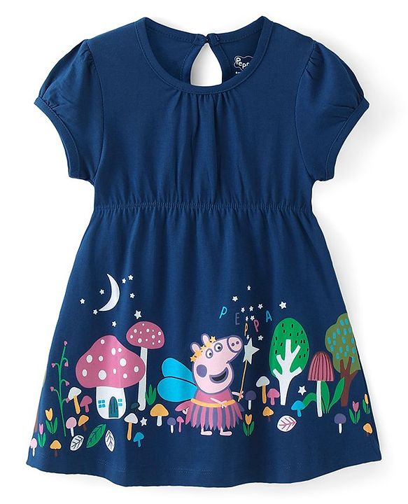 Babyhug Cotton Knit Half Sleeves Frock with Sling Bag Peppa Pig Print - Navy Blue