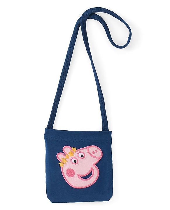 Babyhug Cotton Knit Half Sleeves Frock with Sling Bag Peppa Pig Print - Navy Blue