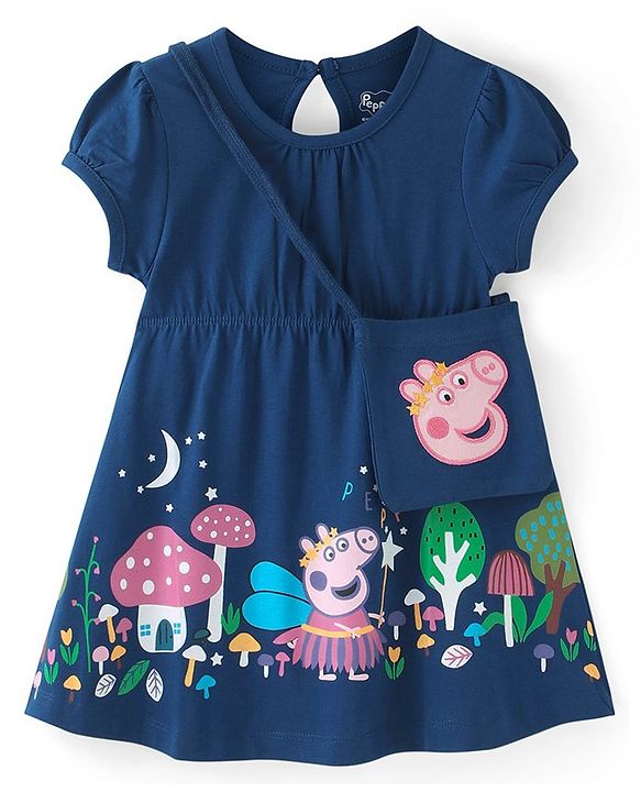 Babyhug Cotton Knit Half Sleeves Frock with Sling Bag Peppa Pig Print - Navy Blue