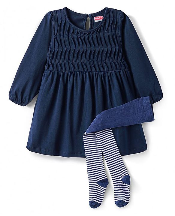 Babyhug Single Jersey Knit Full Sleeves Solid Colour Frock With Stockings - Navy Blue