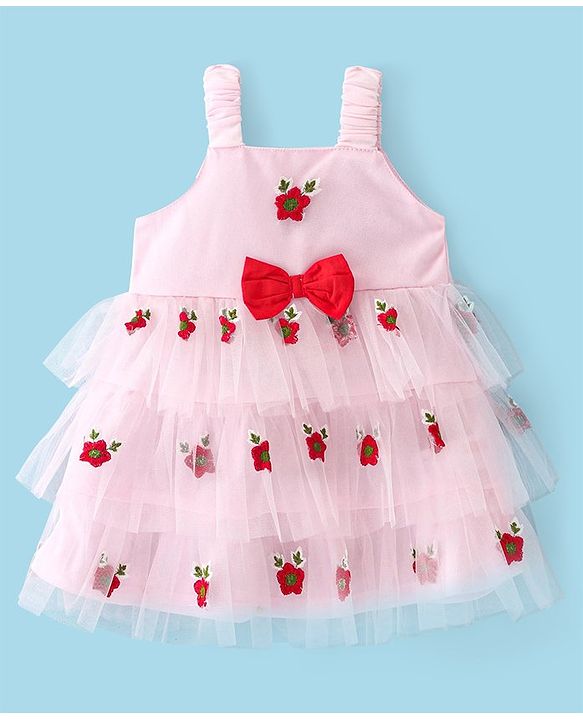 Babyhug Single Jersey Knit Sleeveless Layered Frock with Floral Embroidery & Bow Applique - Coral