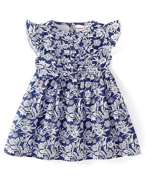 Babyhug Cotton Knit Frill Sleeves Frock With Floral Print - Navy Blue