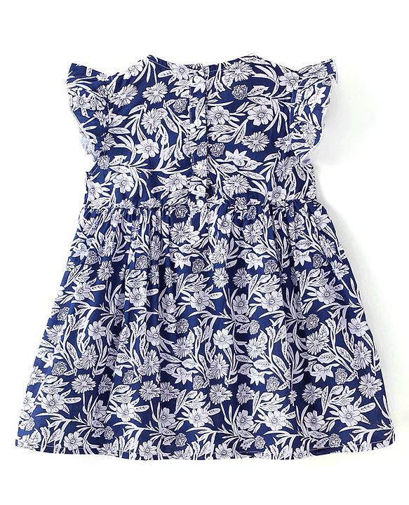 Babyhug Cotton Knit Frill Sleeves Frock With Floral Print - Navy Blue