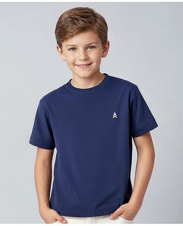 Pine Kids Cotton Knit Half Sleeves T-Shirt with Logo Print -Blue