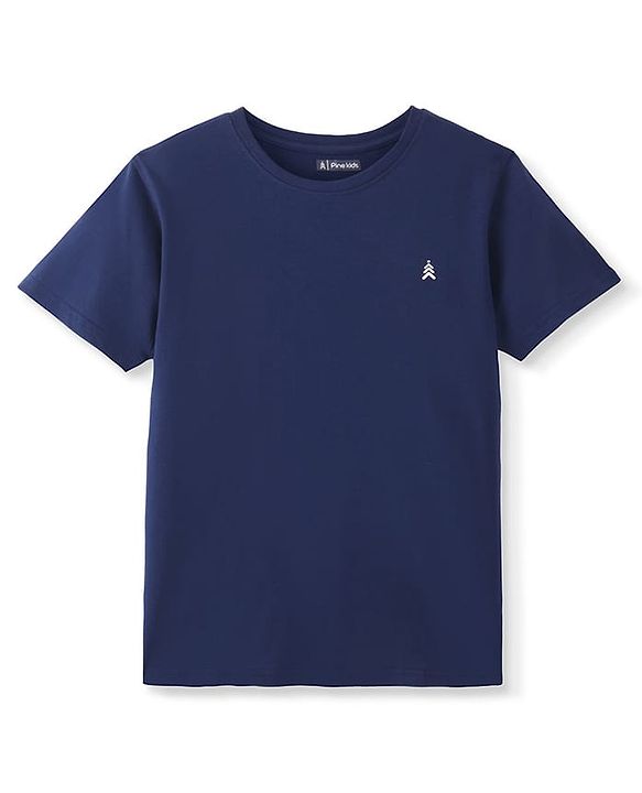 Pine Kids Cotton Knit Half Sleeves T-Shirt with Logo Print -Blue