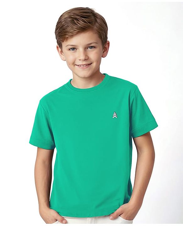 Pine Kids Cotton Knit Half Sleeves Solid T-Shirt With Logo Print - Green