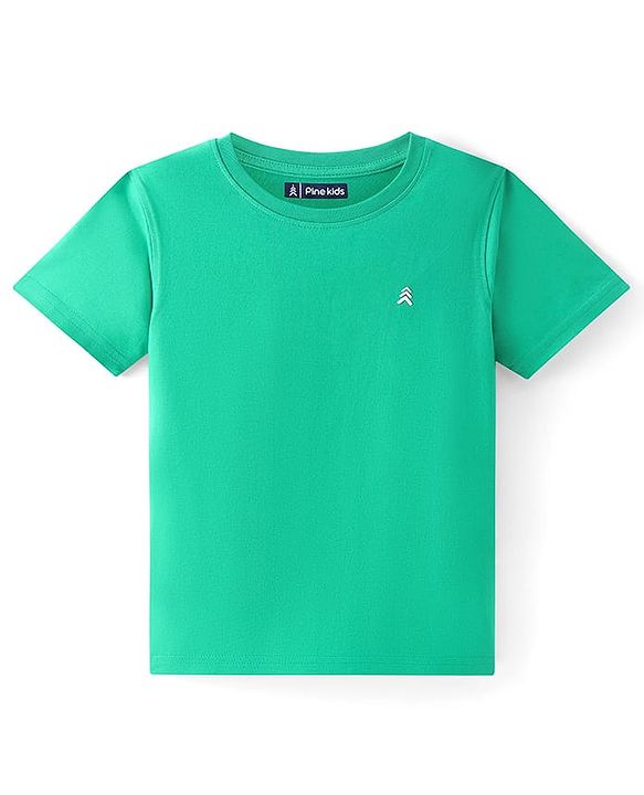 Pine Kids Cotton Knit Half Sleeves Solid T-Shirt With Logo Print - Green