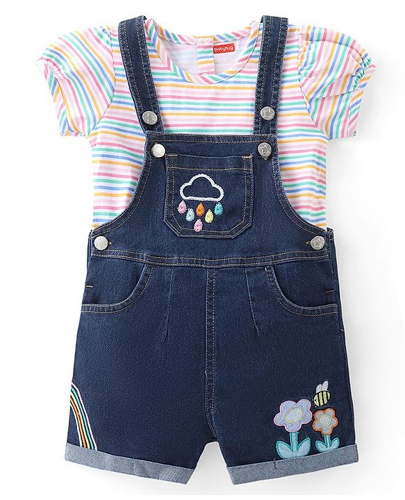Babyhug 100% Cotton Woven Dungaree and Half Sleeves Striped T-Shirt Set with Floral & Bees Patch - Blue