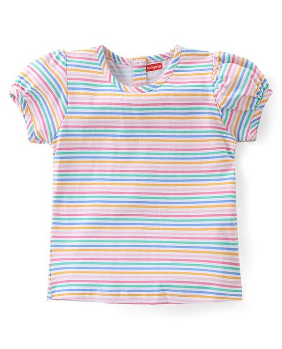 Babyhug 100% Cotton Woven Dungaree and Half Sleeves Striped T-Shirt Set with Floral & Bees Patch - Blue