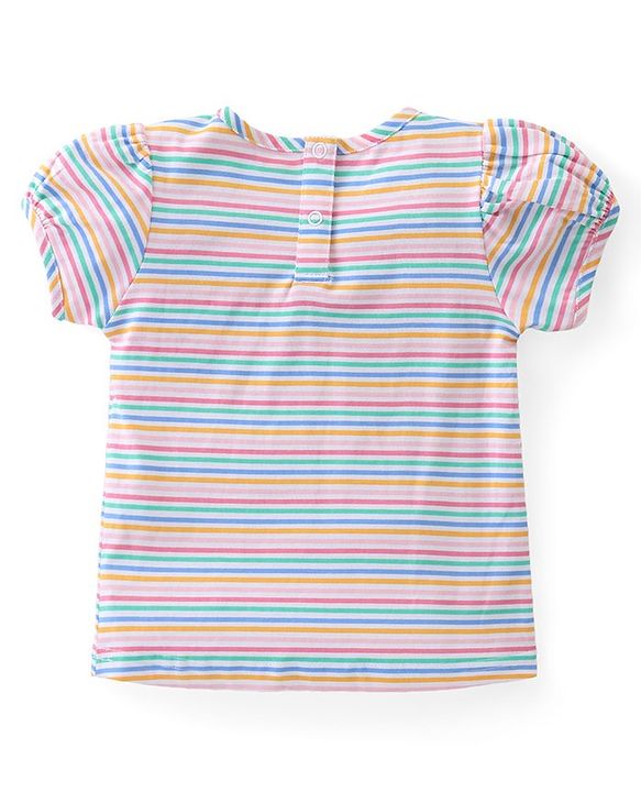 Babyhug 100% Cotton Woven Dungaree and Half Sleeves Striped T-Shirt Set with Floral & Bees Patch - Blue