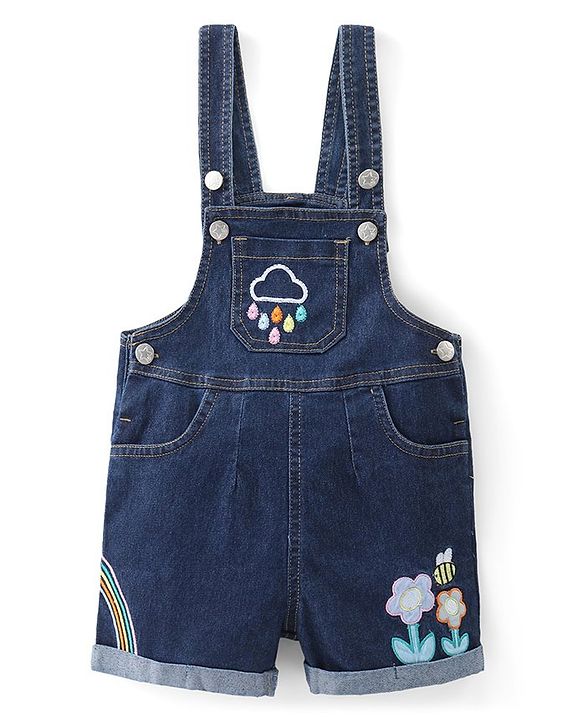 Babyhug 100% Cotton Woven Dungaree and Half Sleeves Striped T-Shirt Set with Floral & Bees Patch - Blue