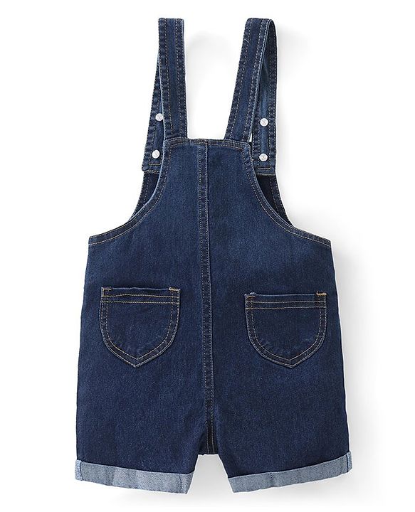 Babyhug 100% Cotton Woven Dungaree and Half Sleeves Striped T-Shirt Set with Floral & Bees Patch - Blue