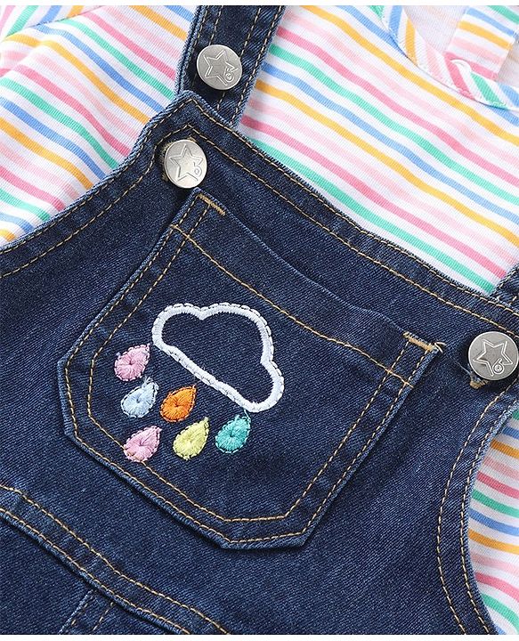 Babyhug 100% Cotton Woven Dungaree and Half Sleeves Striped T-Shirt Set with Floral & Bees Patch - Blue