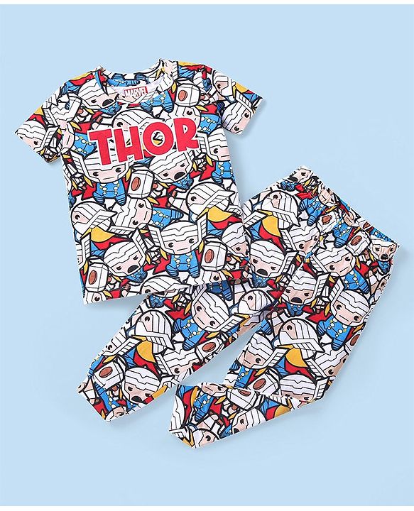 Babyhug Marvel Cotton Knit Half Sleeves Night Suit With Thor Graphics - Multicolor
