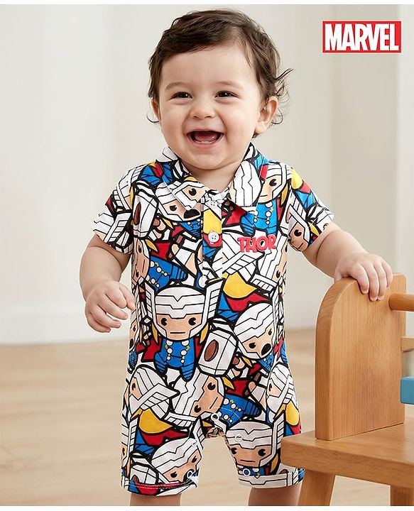 Babyhug Single Jersey Knit Half Sleeves Collared Romper with Avengers Print - Multicolour