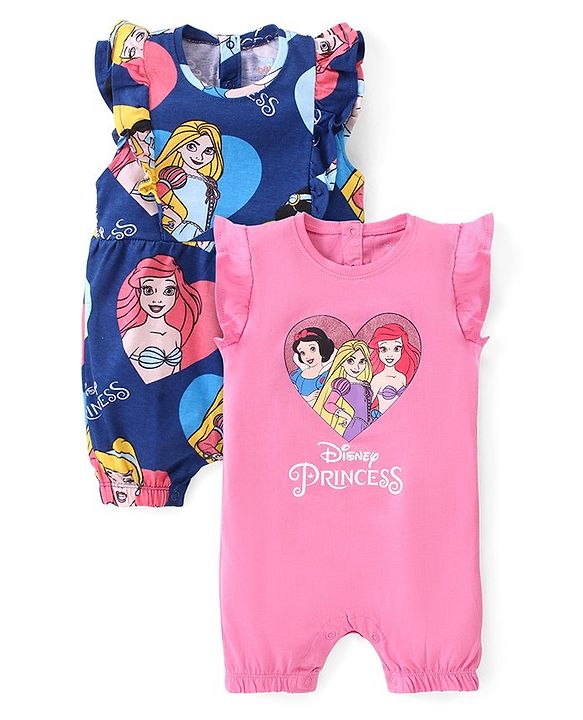 Babyhug Disney Single Jersey Knit Frill Sleeves Rompers with Disney Princess Print Pack of 2 - Navy Blue & Pink