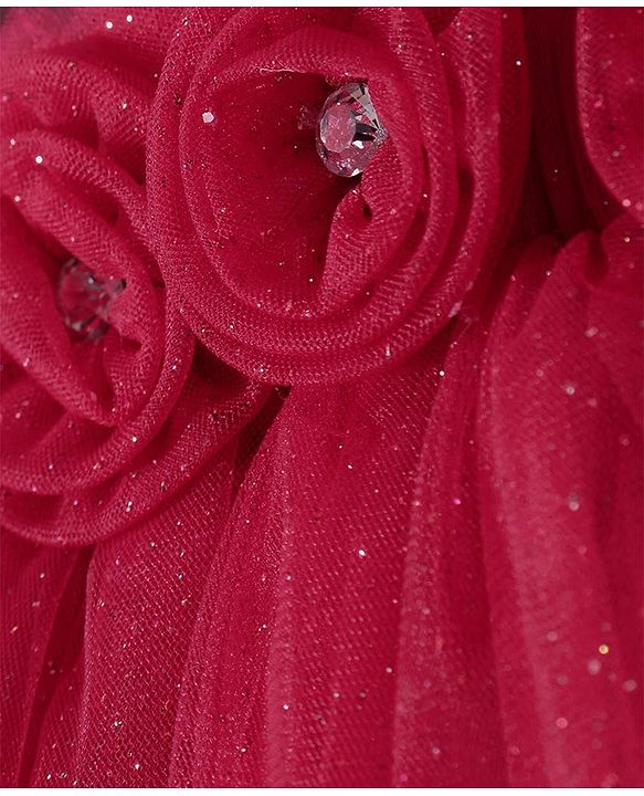 Babyhug Frill Sleeves Shimmered  A Line Party Frock with Floral Applique - Dark Pink