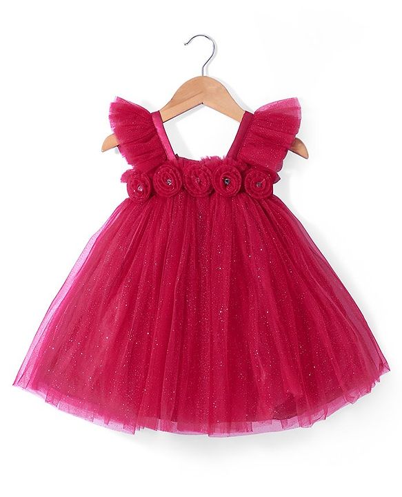 Babyhug Frill Sleeves Shimmered  A Line Party Frock with Floral Applique - Dark Pink