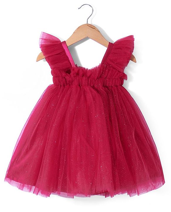 Babyhug Frill Sleeves Shimmered  A Line Party Frock with Floral Applique - Dark Pink