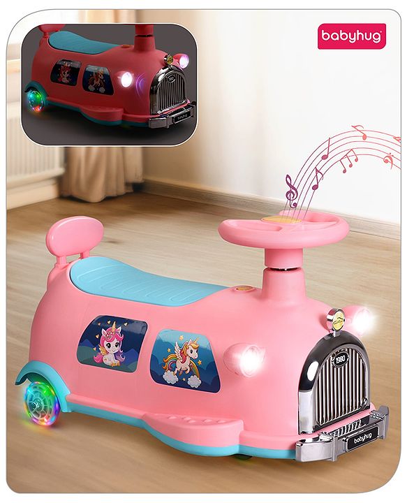Babyhug Unicorn Kids Retro Swing Car| LED Lights and Music |Baby Magic Car|Toy Car | Push Car | Ride On Car |ABEC 7 Bearing|Weight Capacity Upto 25 kg | Pink