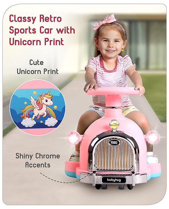Babyhug Unicorn Kids Retro Swing Car| LED Lights and Music |Baby Magic Car|Toy Car | Push Car | Ride On Car |ABEC 7 Bearing|Weight Capacity Upto 25 kg | Pink