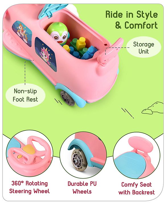 Babyhug Unicorn Kids Retro Swing Car| LED Lights and Music |Baby Magic Car|Toy Car | Push Car | Ride On Car |ABEC 7 Bearing|Weight Capacity Upto 25 kg | Pink