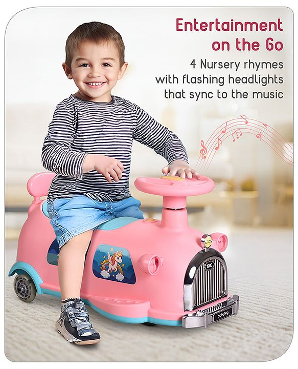 Babyhug Unicorn Kids Retro Swing Car| LED Lights and Music |Baby Magic Car|Toy Car | Push Car | Ride On Car |ABEC 7 Bearing|Weight Capacity Upto 25 kg | Pink