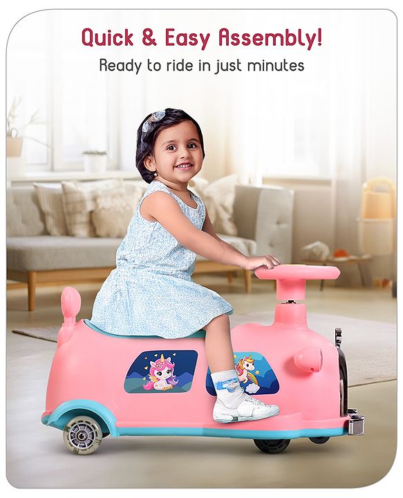 Babyhug Unicorn Kids Retro Swing Car| LED Lights and Music |Baby Magic Car|Toy Car | Push Car | Ride On Car |ABEC 7 Bearing|Weight Capacity Upto 25 kg | Pink