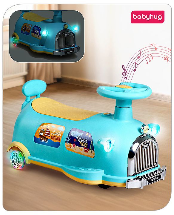 Babyhug Little Explorer Aquatic Theme Kids Retro Swing Car| LED Lights and Music |Baby Magic Car|Toy Car | Push Car | Ride On Car |ABEC 7 Bearing|Weight Capacity Upto 50 kg | Light Blue