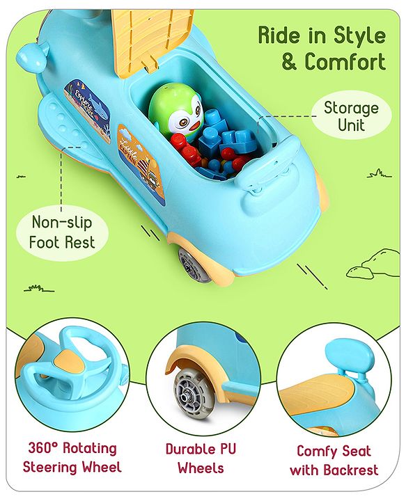 Babyhug Little Explorer Aquatic Theme Kids Retro Swing Car| LED Lights and Music |Baby Magic Car|Toy Car | Push Car | Ride On Car |ABEC 7 Bearing|Weight Capacity Upto 50 kg | Light Blue
