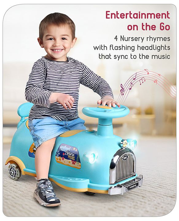 Babyhug Little Explorer Aquatic Theme Kids Retro Swing Car| LED Lights and Music |Baby Magic Car|Toy Car | Push Car | Ride On Car |ABEC 7 Bearing|Weight Capacity Upto 50 kg | Light Blue