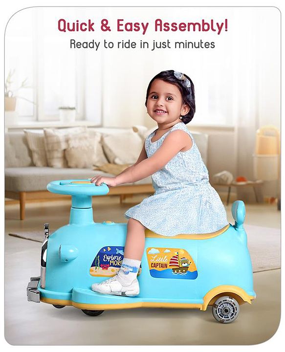 Babyhug Little Explorer Aquatic Theme Kids Retro Swing Car| LED Lights and Music |Baby Magic Car|Toy Car | Push Car | Ride On Car |ABEC 7 Bearing|Weight Capacity Upto 50 kg | Light Blue