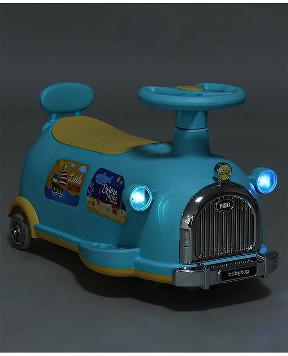 Babyhug Little Explorer Aquatic Theme Kids Retro Swing Car| LED Lights and Music |Baby Magic Car|Toy Car | Push Car | Ride On Car |ABEC 7 Bearing|Weight Capacity Upto 50 kg | Light Blue