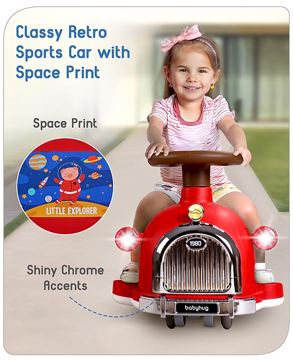 Babyhug Little Explorer Space Theme Kids Retro Swing Car| LED Lights and Music |Baby Magic Car|Toy Car | Push Car | Ride On Car |ABEC 7 Bearing|Weight Capacity Upto 50-KGS | Red