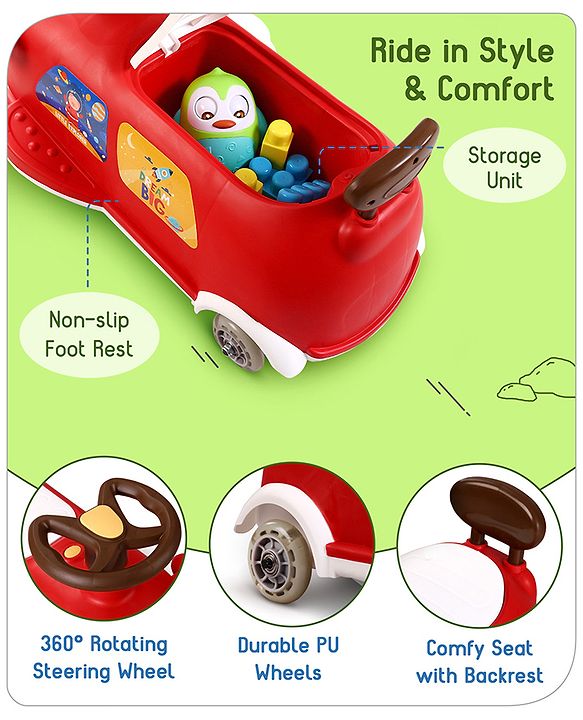 Babyhug Little Explorer Space Theme Kids Retro Swing Car| LED Lights and Music |Baby Magic Car|Toy Car | Push Car | Ride On Car |ABEC 7 Bearing|Weight Capacity Upto 50-KGS | Red