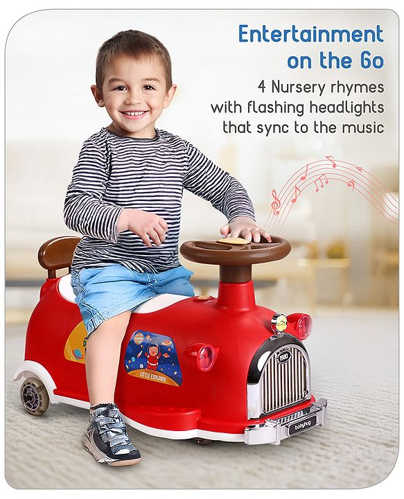 Babyhug Little Explorer Space Theme Kids Retro Swing Car| LED Lights and Music |Baby Magic Car|Toy Car | Push Car | Ride On Car |ABEC 7 Bearing|Weight Capacity Upto 50-KGS | Red