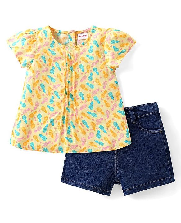 Babyhug Cotton Woven Half Sleeves Top & Denim Shorts Set With Pineapple Print - Yellow & Blue