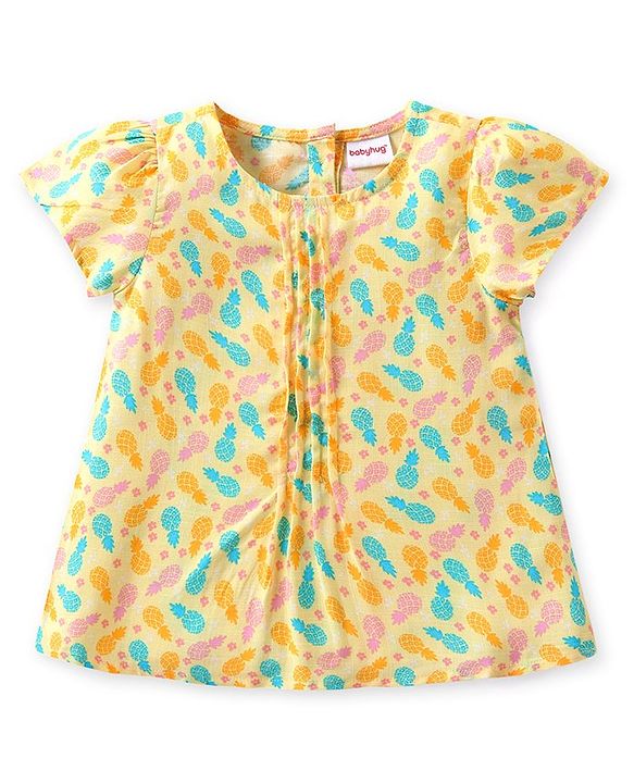 Babyhug Cotton Woven Half Sleeves Top & Denim Shorts Set With Pineapple Print - Yellow & Blue