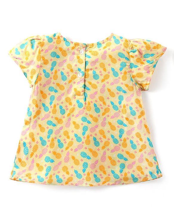 Babyhug Cotton Woven Half Sleeves Top & Denim Shorts Set With Pineapple Print - Yellow & Blue