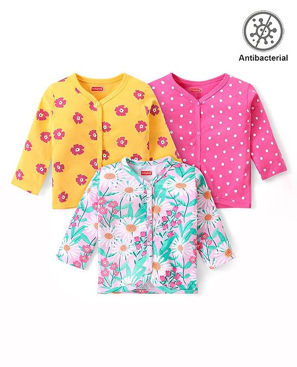Babyhug 100% Cotton Knit  Antibacterial Full Sleeves  Front Open Set of Vest with Polka Dots & Floral Print Pack of 3 - Multicolour