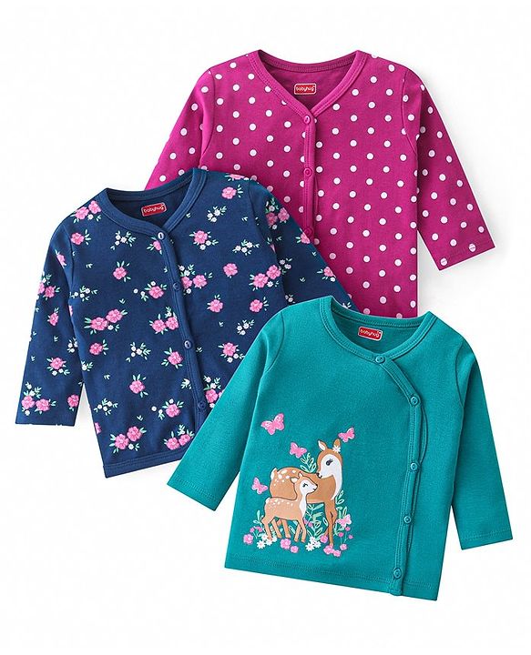 Babyhug 100% Cotton Antibacterial Front Open Vest With Deer & Polka Dots Print Pack of 3 - Pink Blue & Green