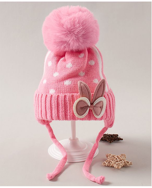 Babyhug Pom Pom Woollen  Cap with Knot Polka Dot Design  - Pink